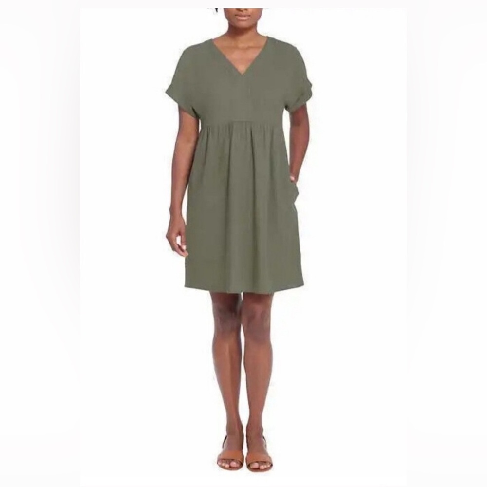 Briggs New York Green Linen Dress Small V-neck Short Sleeved